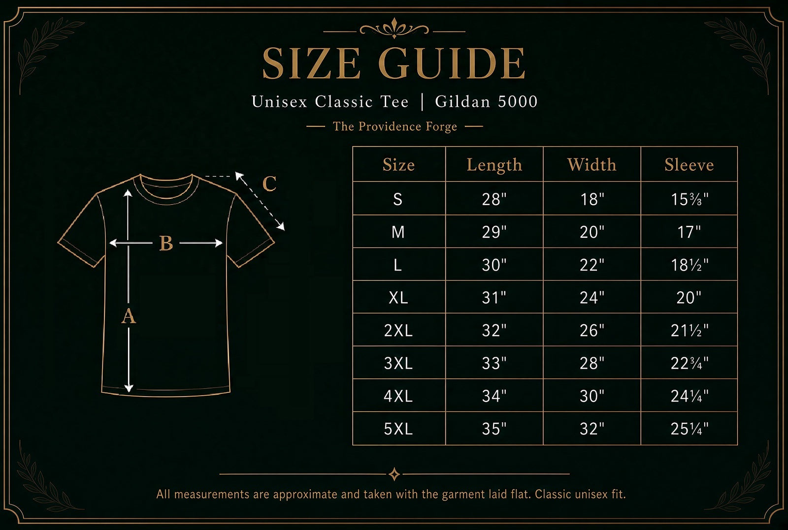 T-shirt diagram showing length, width, and sleeve measurements